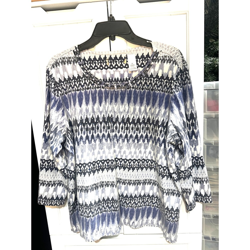 Alfred Dunner Blue Geometric Print 3/4 Sleeve Knit Top Scoop Neck Plus Size 1X